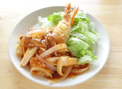 えびの天ぷら野菜チリあんがけ